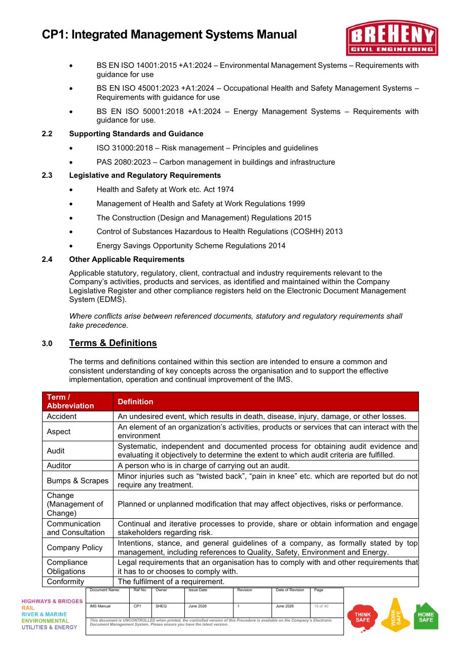 Terms and definitions with abbreviations and their meanings for the Integrated Management Systems Manual.