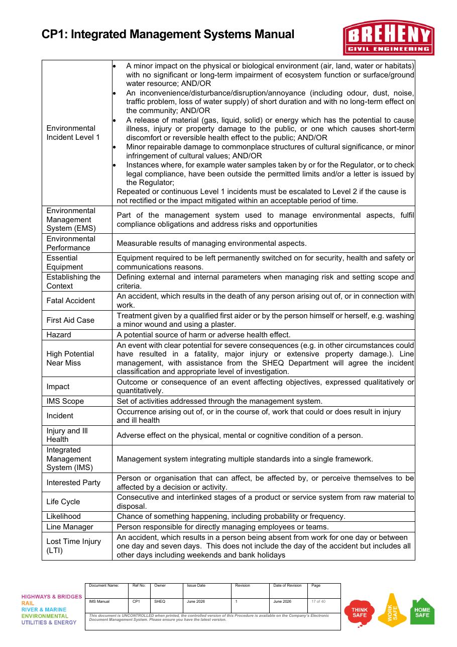 Integrated Management Systems Manual definitions for environmental incidents and terminology.