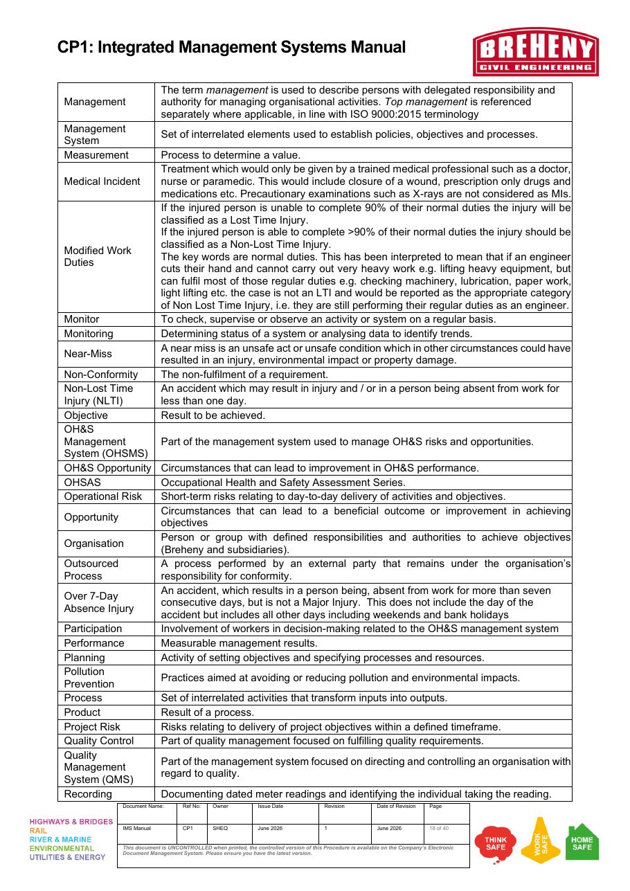 Integrated Management Systems Manual glossary of terms and definitions.