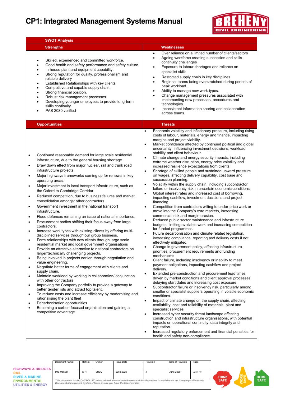 SWOT analysis including Strengths, Weaknesses, Opportunities, and Threats