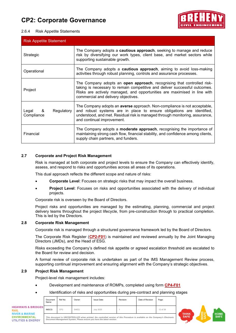 Risk Appetite Statement for Strategic, Operational, Project, Legal & Regulatory, Financial