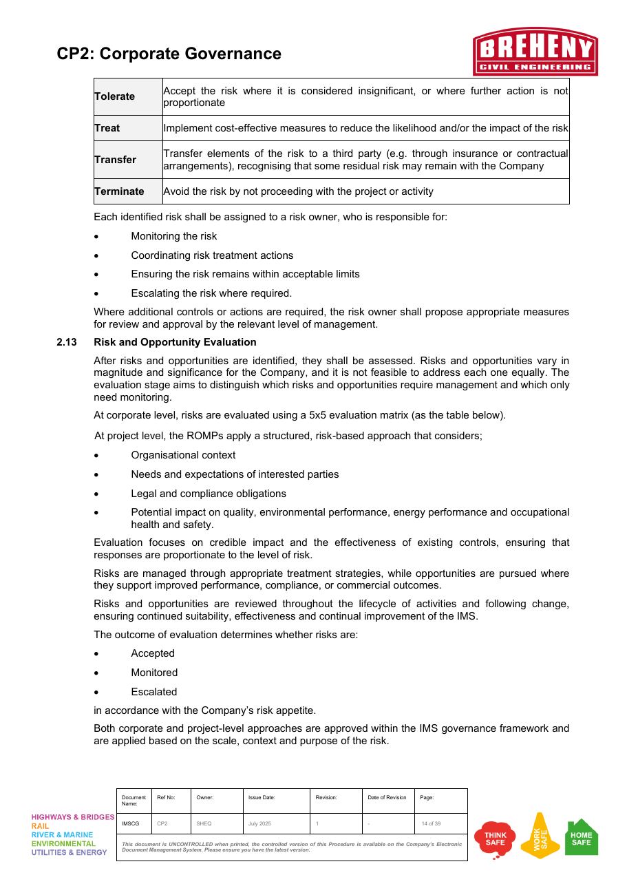 Corporate governance risk tolerance, treatment, transfer, and termination actions.