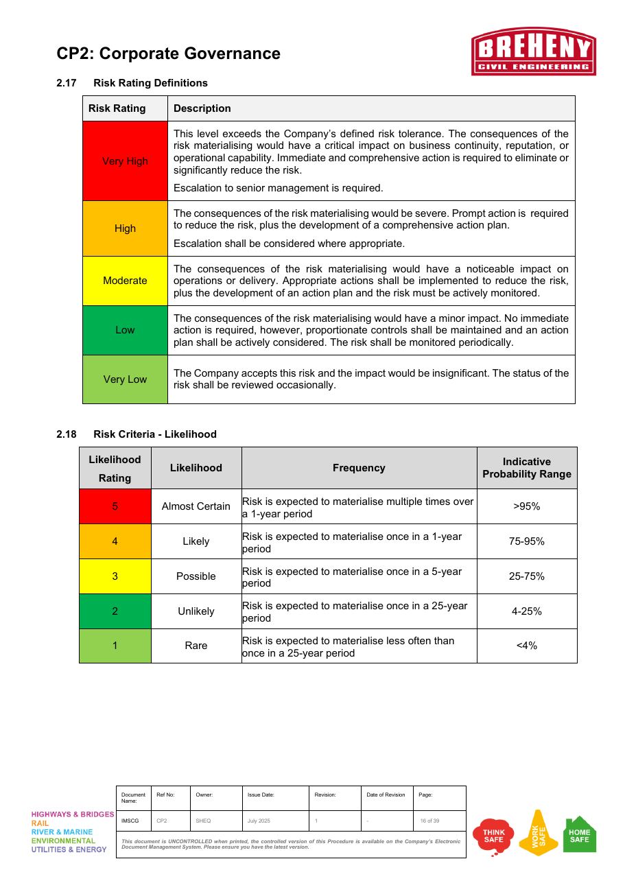 Risk Rating Definitions and Risk Criteria - Likelihood tables