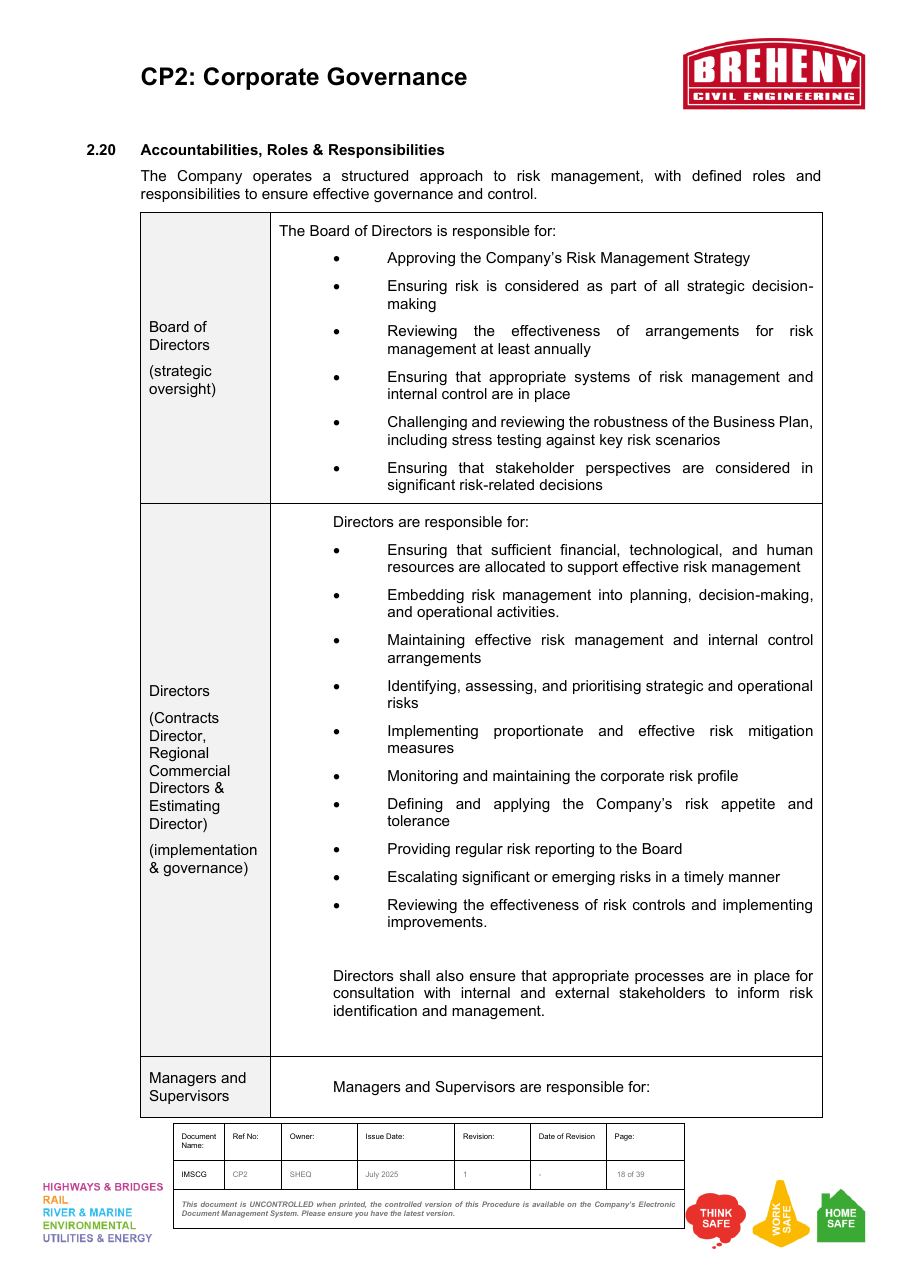 Accountabilities, Roles & Responsibilities table