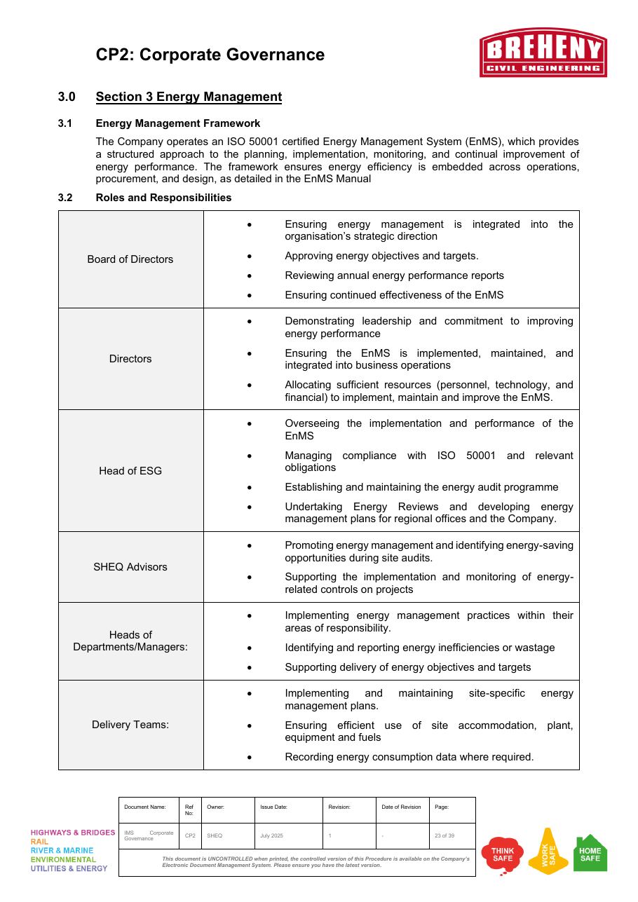 Roles and Responsibilities for Energy Management System (EnMS)