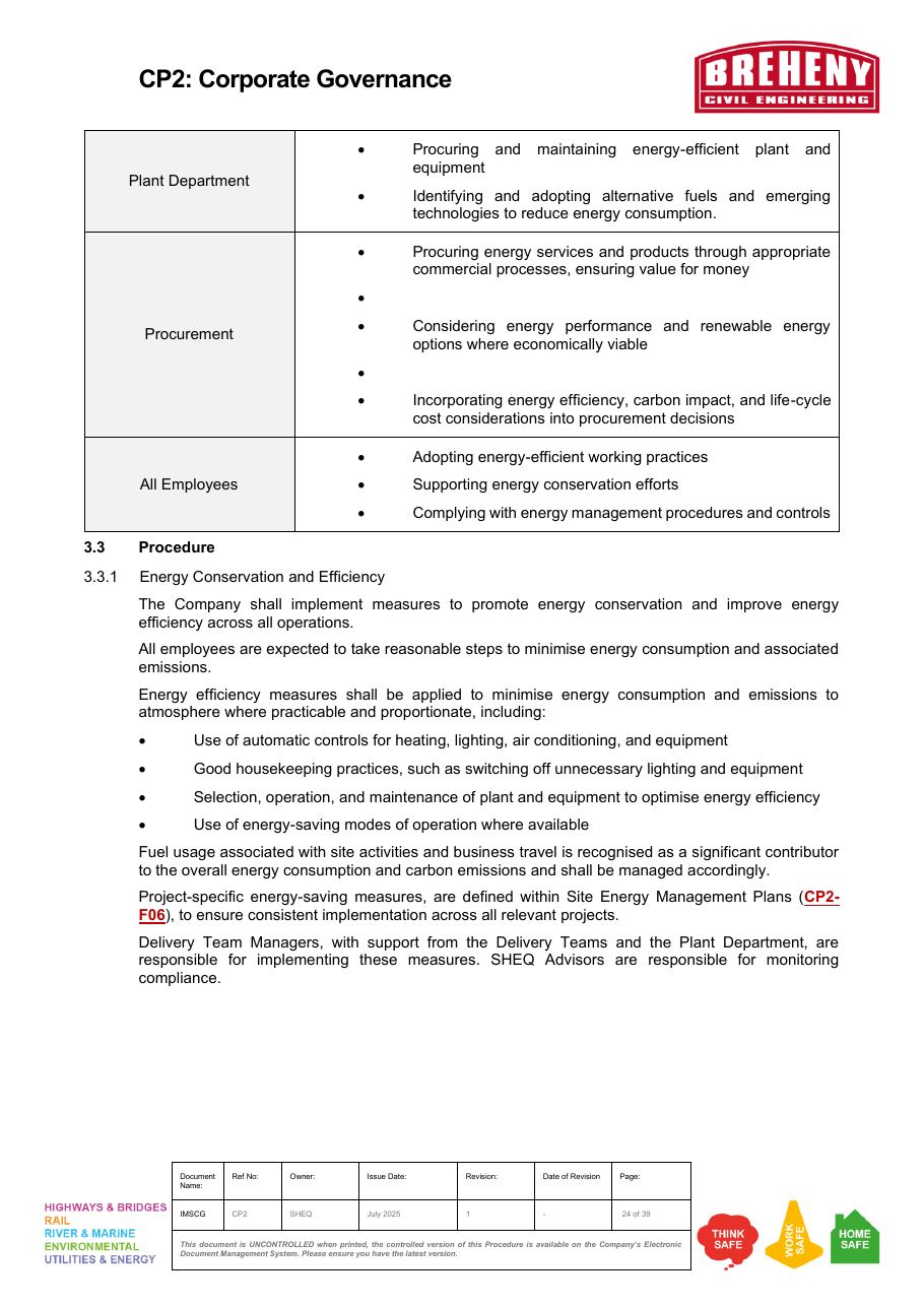 Energy conservation and efficiency procedures by department and role.