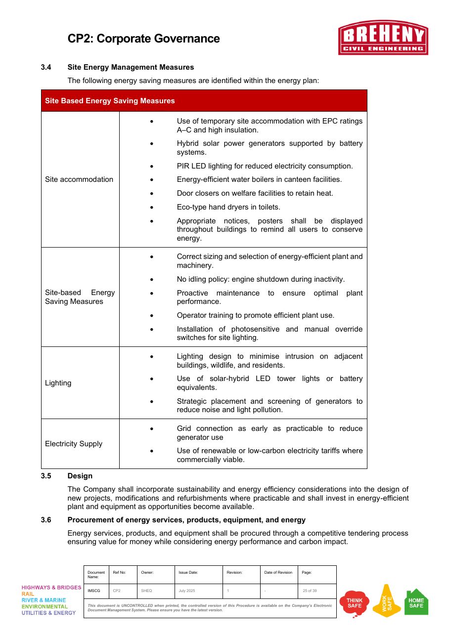Site Based Energy Saving Measures categorized by accommodation, site, lighting and electricity supply