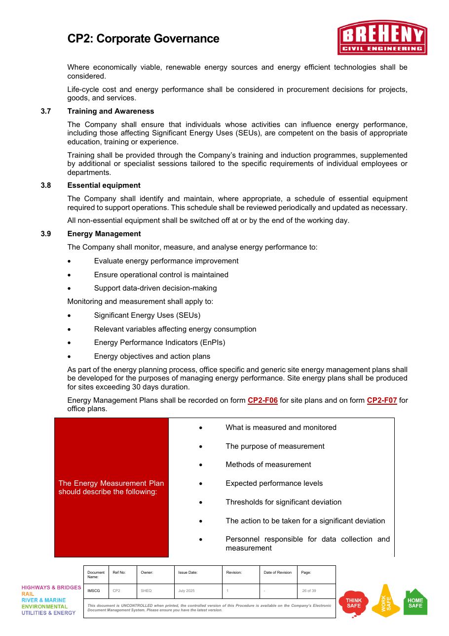 Energy Measurement Plan details and documentation information