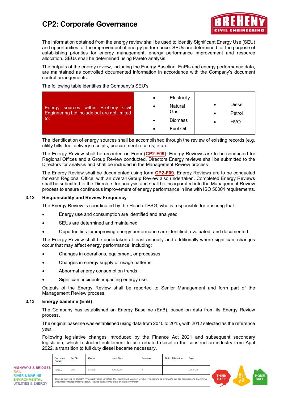 Table identifying the company's SEU's and energy sources