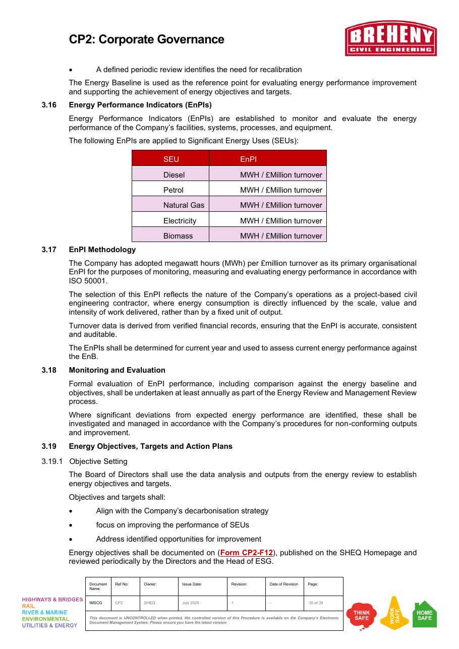 Significant Energy Uses (SEU) and Energy Performance Indicators (EnPI) table
