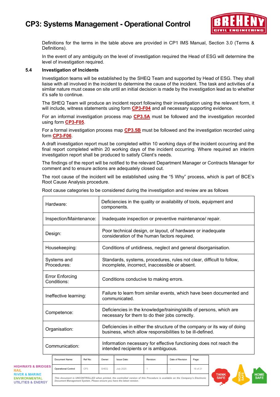 Root cause categories for investigation and review, listing hardware, design, and other factors.