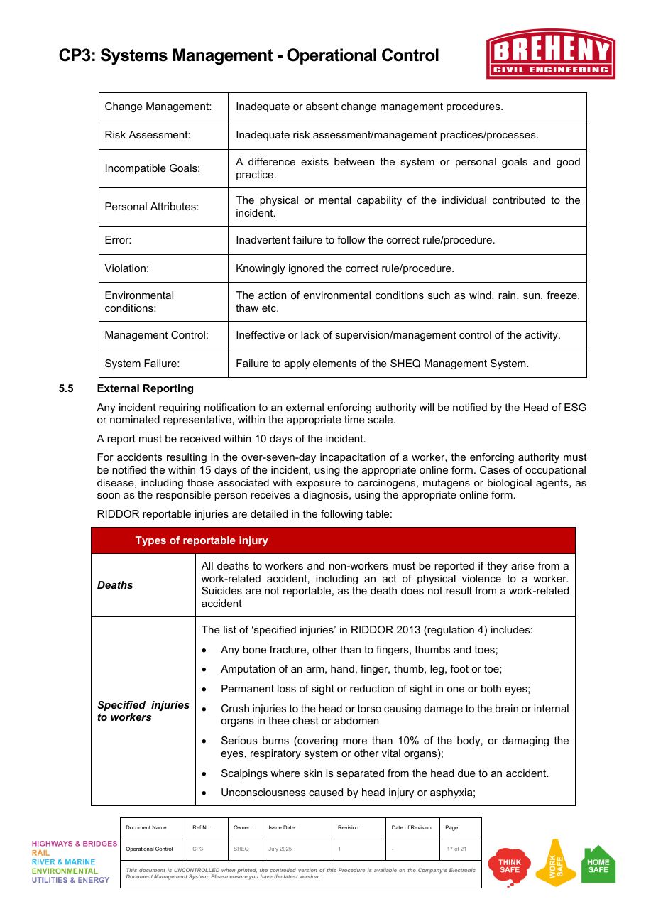 Types of reportable injury: deaths and specified injuries to workers