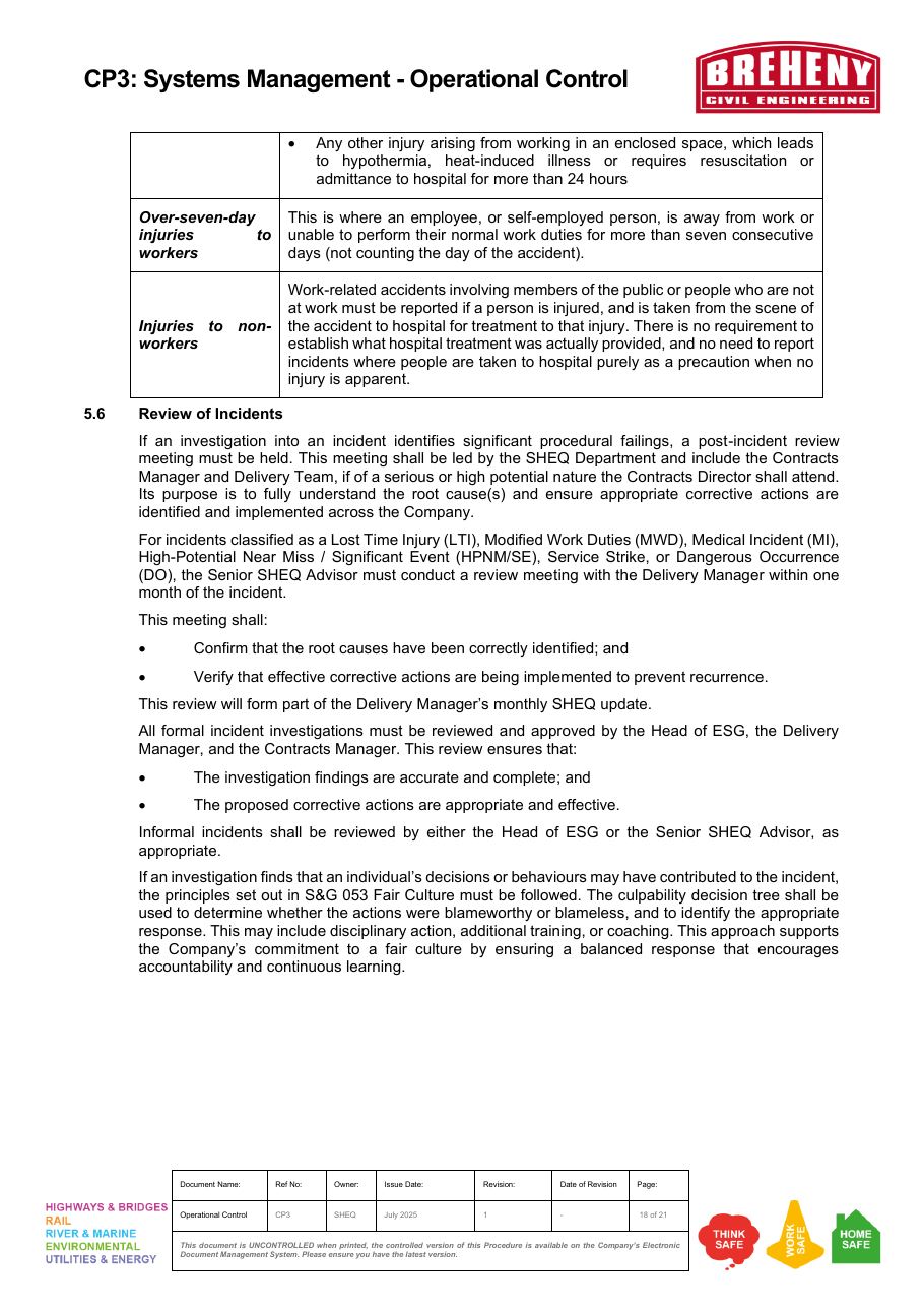 Over seven-day injuries, injuries to non-workers, and review of incidents details