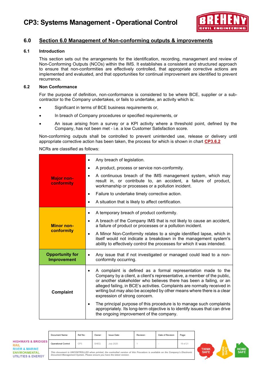 Classification of non-conforming outputs and opportunities for improvement
