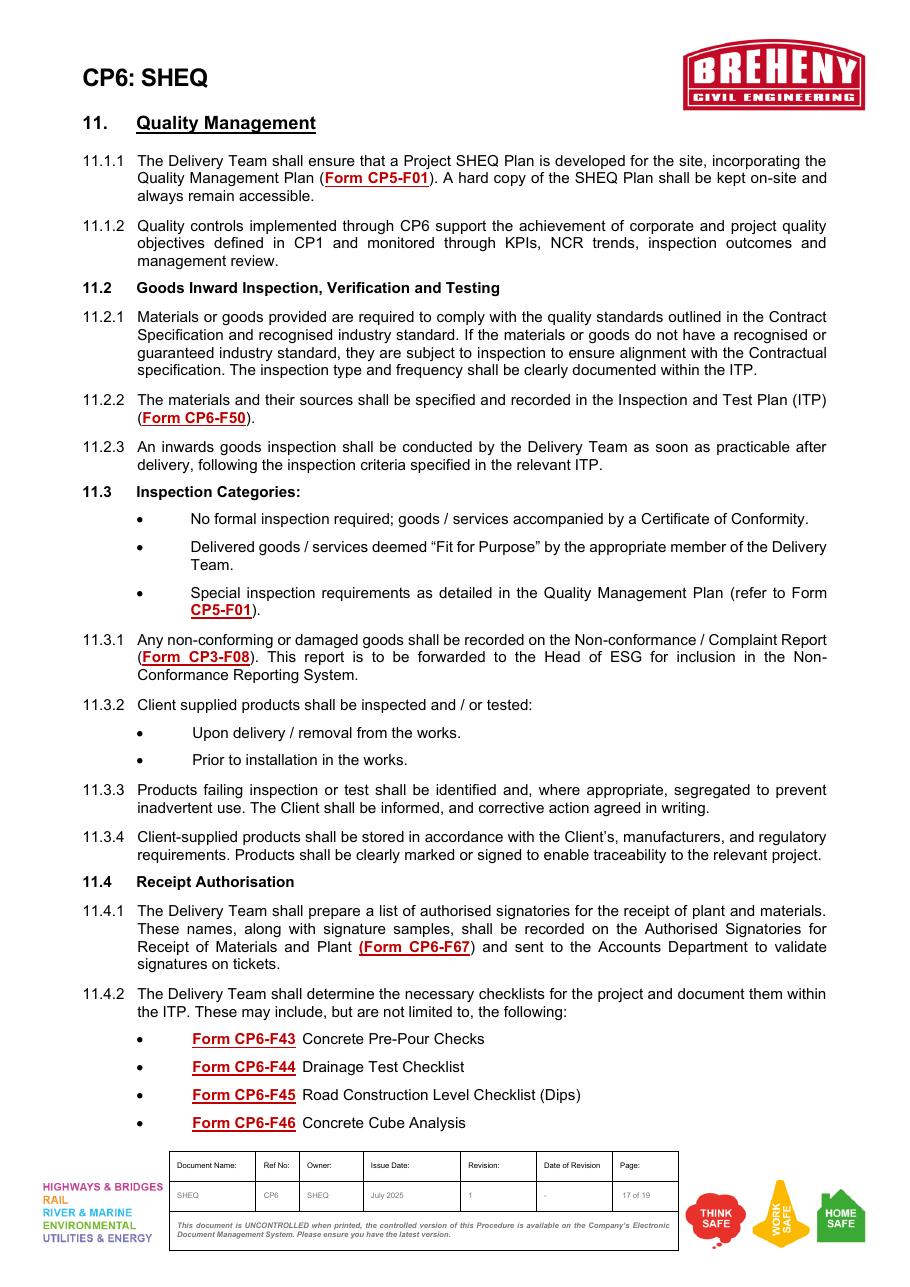 CP6 SHEQ Quality Management and Inspection Categories with forms